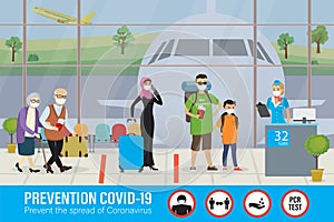 Cartoon airport interior and queue of tourists with luggage. Travellers in protective masks. Social distance