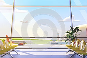 Cartoon airport terminal lounge with airplane on background. 3d illustration.