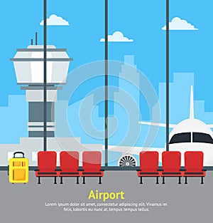 Cartoon Airport Waiting Interior of Terminal Hall Card Poster. Vector