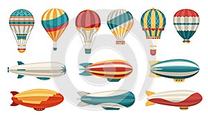 Cartoon airship. Dirigible hot air balloon transport with cabin and basket, old aerial transportation, colorful aircraft