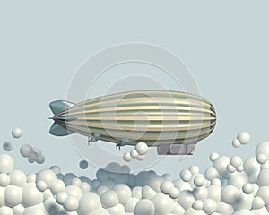 Cartoon airship flies in the blue sky against the background of bubble clouds. Pastel colors. Ð¡opy space. 3D render.
