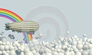 Cartoon airship flies in the blue sky against the background of bubble clouds and rainbow. Pastel colors. Ð¡opy space. 3D render.