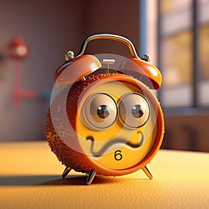 Cartoon alarm clock character. Sad 3d alarm clock.