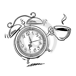 Cartoon alarm clock with cup of coffee ringing. Wake-up time. Black and white sketch. Hand drawn vector illustration.
