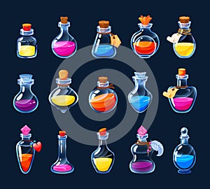 Cartoon alchemy bottles. Magic potion and love elixir game UI icons asset, colorful poison and antidote in various photo