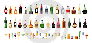 Cartoon alcohol bottles. Whiskey or wine drink. Vermouth and liquor in glasses. Bar collection. Cognac packages