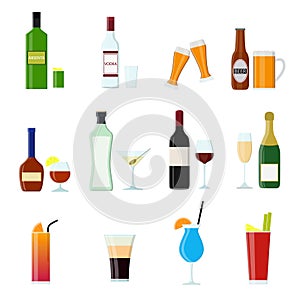 Cartoon Alcoholic Beverages Drink Color Icons Set. Vector