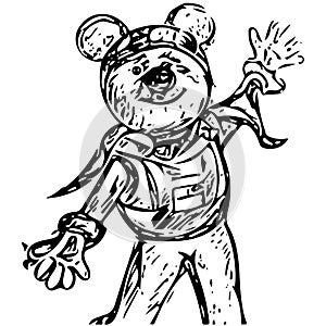 Cartoon alien character like a bear with big ears and dressed in a space suit