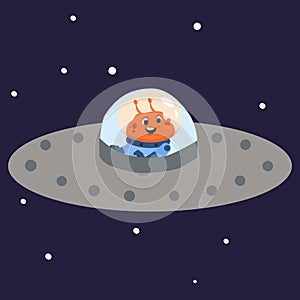 cartoon alien cosmonaut in flying saucer. Astronaut in outer space, childish print or poster, cute monster character in