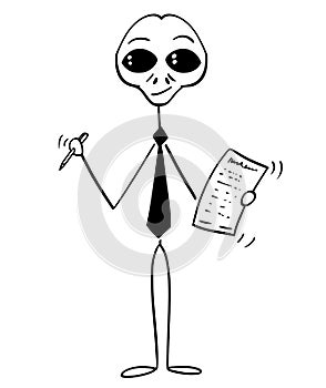 Cartoon of Alien or Extra Terrestrial Businessman Offering a Deal