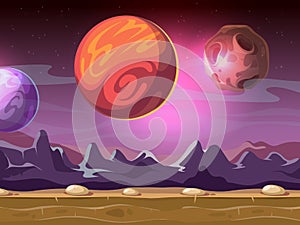 Cartoon alien fantastic landscape with moons and planets on starry sky for computer game background