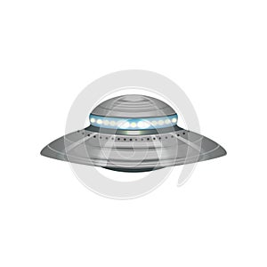 Cartoon alien flying saucer. Extraterrestrial space ship. UFO theme. Detailed silver or metallic martian vessel with