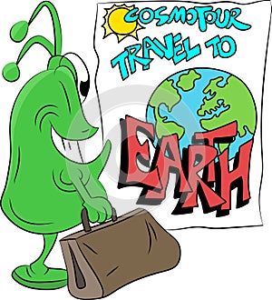 Cartoon alien with his suitcase in his hands traveling to earth vector illustration