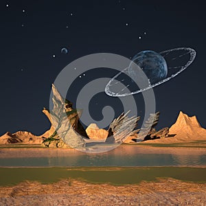 Cartoon alien landscape with stalagmites and cosmic universe.