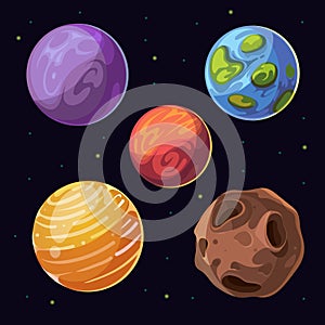 Cartoon alien planets, moons asteroid on space background