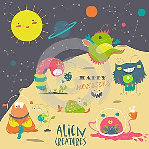 Cartoon alien and space