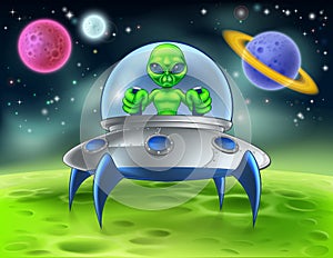 Cartoon Alien UFO Flying Saucer on Planet