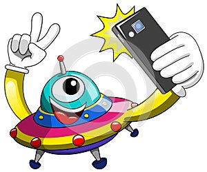 Cartoon alien ufo spaceship selfie smartphone