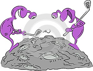 Cartoon aliens playing golf on moon vector illustration