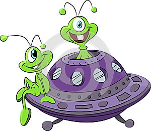 Cartoon aliens traveling with their spaceship vector illustration