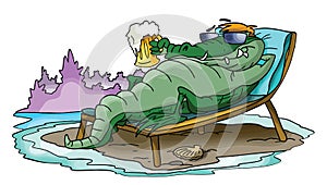 Cartoon alligator sunbathing and relaxing on the beach vector illustration