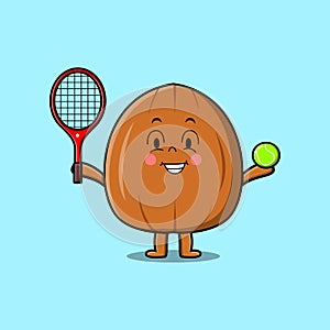 cartoon Almond nut character playing tennis field