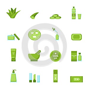 Cartoon Aloe Vera Icons Set. Vector