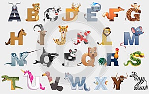 Cartoon alphabet with animals and lettering