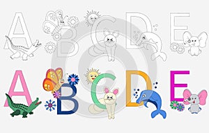 Cartoon alphabet coloring book. Set of coloring pages of animals by ABC. Part 1