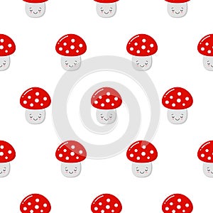 Cartoon Amanita muscaria fly agaric mushroom seamless pattern. Wild forest cute mushrooms vector illustration