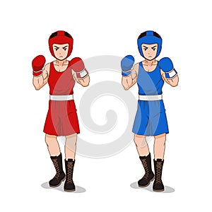 Cartoon amateur Boxer in red and blue sportswear.