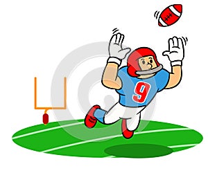 Cartoon American Football Player Jumping Catch On The Field