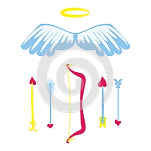 Cartoon Amour weapons set . Bow, wings, nimbus and arrows with heart. Cupids stuff. Valentines Day romantic set. Vector