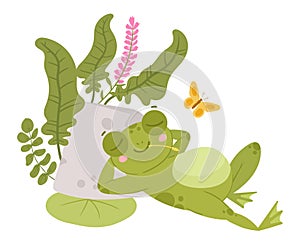 Cartoon amphibia, cute resting frog character. Sleeping green toad in natural habitat, froggy water animal with water lilies and