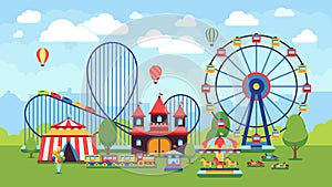 Cartoon amusement park with circus, carousels and roller coaster vector illustration
