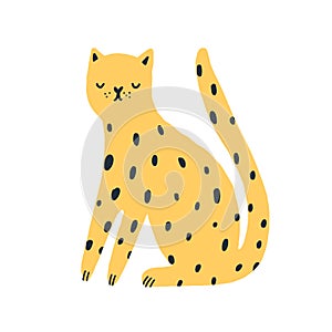 Cartoon amusing spotted wild animal vector flat illustration. Cute african leopard sitting isolated on white background