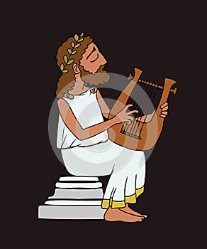 Cartoon ancient greek bard on dark background