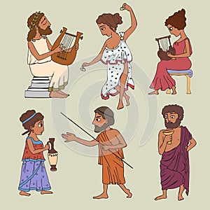 Cartoon ancient greek people set six persons