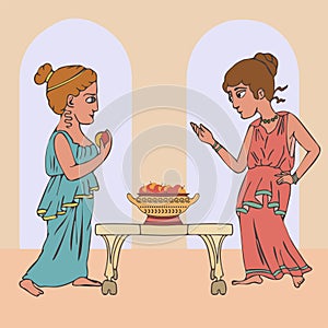 Cartoon ancient greek women talking, historical illustration