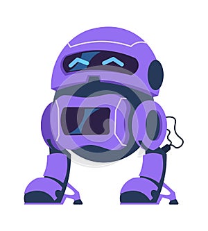 Cartoon android character. Robot mascot, science innovation template. Fantastic electronic technology, advertising