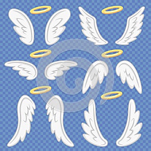 Cartoon angel wings. Holy angelic nimbus and angels wing. Flying winged angeles vector illustration set