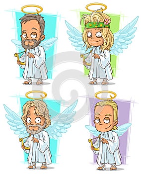Cartoon angels with golden nimbus and harp character vector set