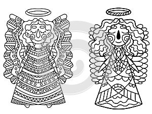 Cartoon angels with grand wings coloring page for kids and adults home pastime