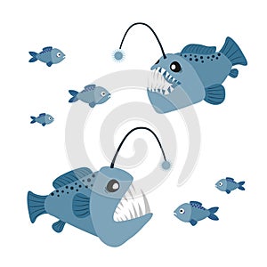 Cartoon angler fish set. Vector illustration of anglerfish characters