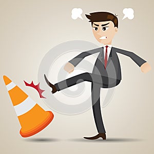 Cartoon angry businessman kicking cone