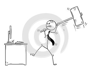 Cartoon of Angry Businessman Ready to Destroy Office Computer by Large Sledgehammer or Hammer