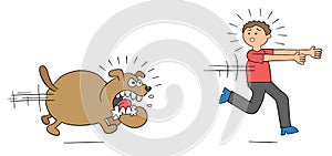 Cartoon angry dog chases man and man runs away, vector illustration