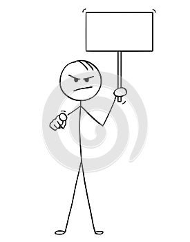 Cartoon of Angry Man or Businessman Holding Empty Sign and Pointing at Camera