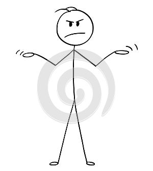 Cartoon of Angry Man or Businessman Spreading or Open His Arms in Innocence or Uncomprehending Gesture