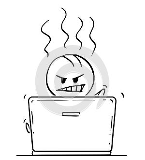 Cartoon of Angry Man or Businessman Working on Laptop Computer